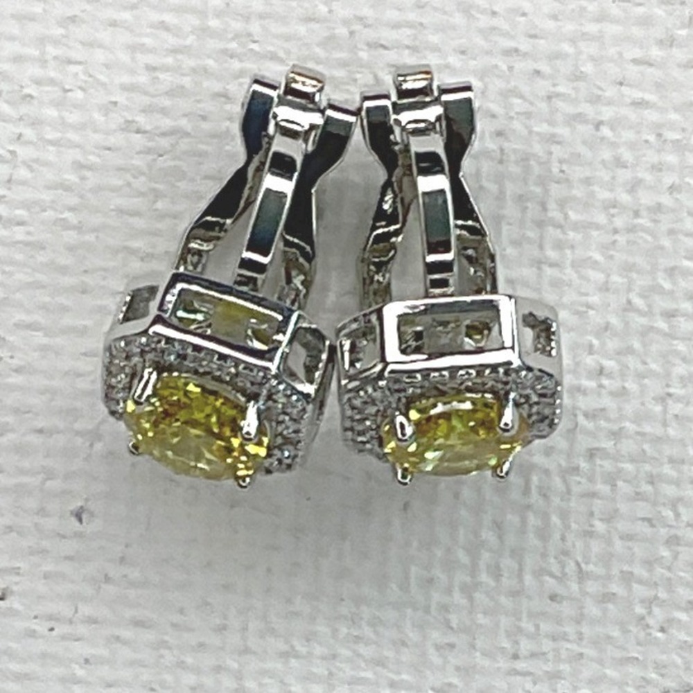 Earrings Silver Tone Yellow Cubic Zirconia Leverback Minimalist Style New
